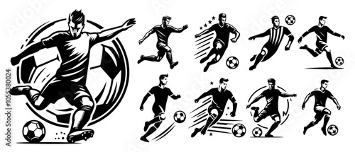 black vector of soccer player silhouette in dynamic movement, minimalist logo style