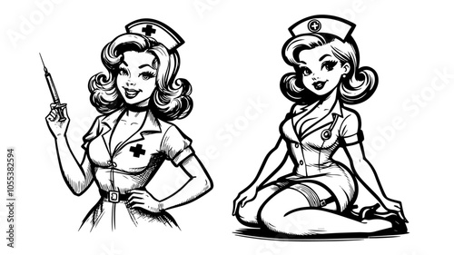 whimsical pinup nurse character, showcasing a fun and flirtatious side of healthcare in minimalist art black vector