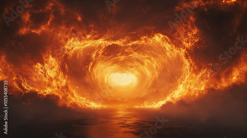 A firestorm creates an epic spectacle, the flames swirl into whirlwinds, emphasizing the power and beauty of the elements in a dramatic atmosphere.