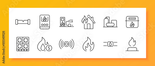 Gas and fire safety set icon. Gas pipeline, boiler, station, house fire, tank, stove, burner, fire icon, fire alarm, flame, gas leak, flame on stand