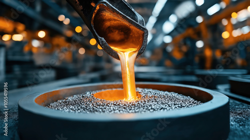 Molten metal being poured from a crucible into a mold in an industrial foundry setting with a blurred background.