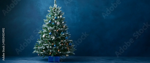 A decorated Christmas tree stands tall against a dark blue background, with blue ornaments and white lights twinkling. Presents sit at the base, ready for the holidays