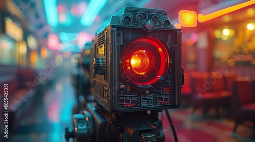 A vintage-style camera captures the lively essence of a diner, its illuminated lens casting a warm glow that enhances the retro decor and buzzing ambiance