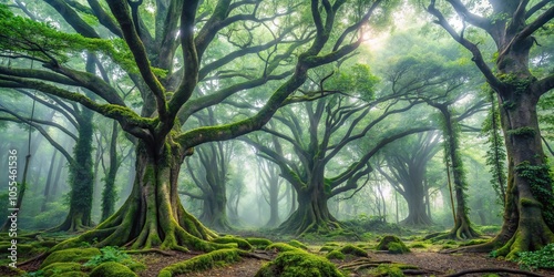 Dense foliage of tall trees with gnarled trunks and sprawling branches in a misty forest environment, undergrowth, forest floor, wildwood