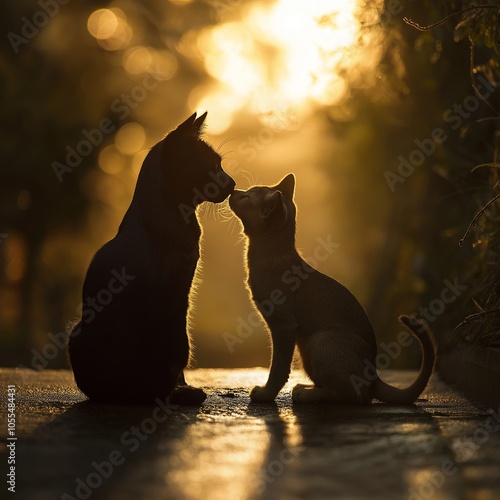 Two cats silhouette facing each other against a sunset backdrop.