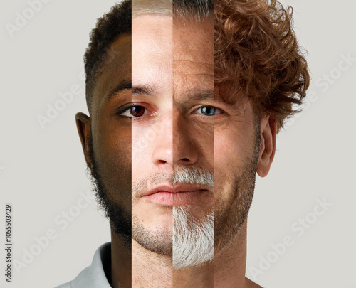 Collage with different male faces, representing different ages and ethnic backgrounds. Beauty in diverse male identities. Concept of social equality, human rights, freedom, diversity, acceptance