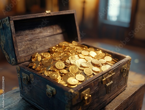 Gold Coins in Wooden Chest