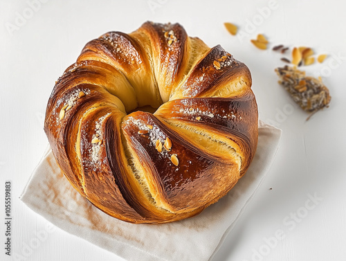 Brioche tressée délicieuse de type babka, viennoiserie sur fond blanc pour publicité pour boulangerie, restauration et pâtisserie, vue du dessus