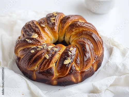 Brioche tressée délicieuse de type babka, viennoiserie sur fond blanc pour publicité pour boulangerie, restauration et pâtisserie, vue de 3/4