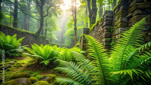 Lush green ferns grow on the ancient stone walls of a mystical forest clearing, mossy, foliage, vines, nature, overgrown