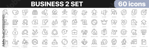 Business 2 set line icons collection. Finance, job, teamwork, analysis, banking, money, start up icons. UI icon set. Thin outline icons pack. Vector illustration EPS10