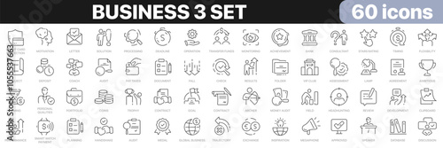 Business 3 set line icons collection. Finance, job, teamwork, analysis, banking, money, start up icons. UI icon set. Thin outline icons pack. Vector illustration EPS10