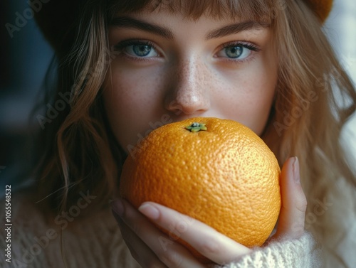 Woman hiding behind orange