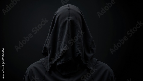 Mysterious figure in a black hooded garment, dark background, eerie atmosphere 