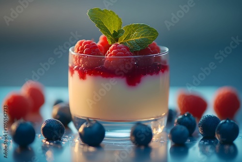 panna cotta, deser, owoce leśne, sos malinowy, świeża mięta, elegancka prezentacja, kuchnia włoska, deser śmietankowy, fine dining, luksusowy deser, wykwintne słodycze, restauracyjna prezentacja, krem