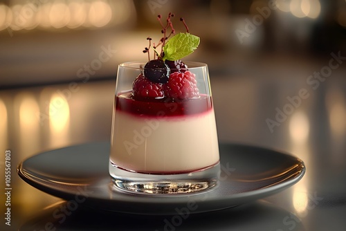 panna cotta, deser, owoce leśne, sos malinowy, świeża mięta, elegancka prezentacja, kuchnia włoska, deser śmietankowy, fine dining, luksusowy deser, wykwintne słodycze, restauracyjna prezentacja, krem