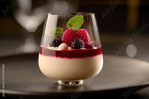 panna cotta, deser, owoce leśne, sos malinowy, świeża mięta, elegancka prezentacja, kuchnia włoska, deser śmietankowy, fine dining, luksusowy deser, wykwintne słodycze, restauracyjna prezentacja, krem