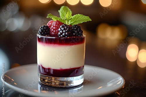 panna cotta, deser, owoce leśne, sos malinowy, świeża mięta, elegancka prezentacja, kuchnia włoska, deser śmietankowy, fine dining, luksusowy deser, wykwintne słodycze, restauracyjna prezentacja, krem