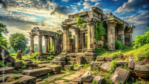 Ancient temple ruins with crumbling stones and overgrown vegetation, outdoors, temple, overgrowth