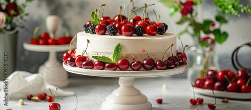 Front view of cherry and almond cake on a cake stand surrounded by fresh fruits set against a light background with copy space image