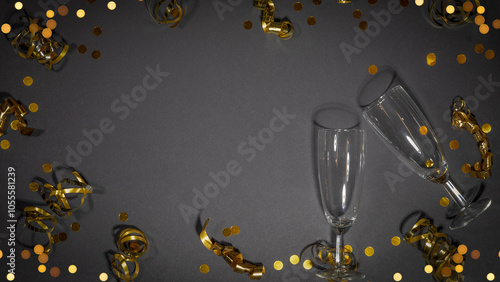 Silvester New Year's eve birthday party celebration greeting card - Frame border made of golden champagne glasses or sparkling wine glasses, confetti and ribbons, on black table background, flat lay