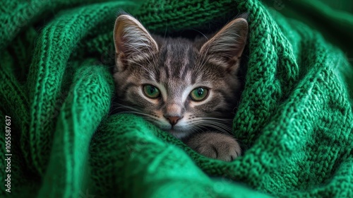 Adorable gray tabby kitten nestled in a cozy green blanket Cat resting under a warm plaid indoors Seasonal comfort for pets