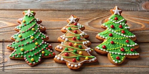 Gingerbread Christmas tree cookies with festive holiday decorations, asymmetrical