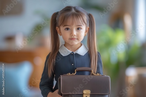 A charming 3 year old Asian girl with pigtails poses thoughtfully in a fitted black dress adorned with a white collar. She holds a toy briefcase, embodying a young executive spirit, framed by soft flo