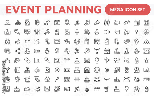 Event Planning Icon Set. Stylish and functional icons for organizers, perfect for scheduling, venue management, and event promotion, ideal for apps, websites, and marketing materials.