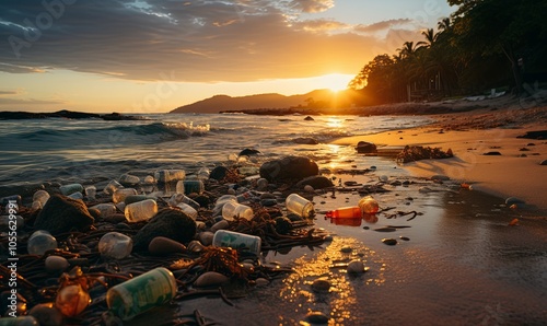 Beach Polluted With Bottles and Trash