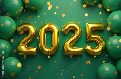 Celebrating the New Year 2025. Golden yellow colored foil balls. 2025 balloons. A greeting card. Happy New Year 2025. Blurred background. Selective focusing.