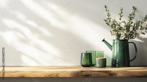 A rustic wooden shelf adorned with green glassware, a green watering can, and a lush plant against a softly lit background wall, evoking a sense of serenity.