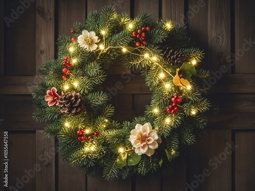 Christmas wreath shinning light on it on wooden door