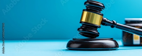 A close-up of a gavel resting on a wooden base, symbolizing justice and law, set against a vibrant blue background.