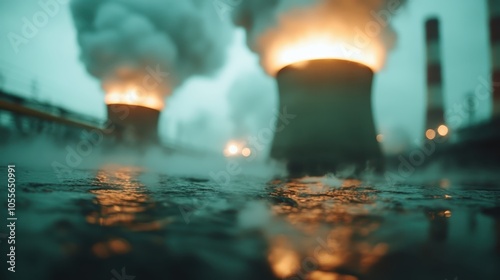 Cooling towers expel steam at an industrial site, creating an atmospheric scene that raises awareness about industry practices and their environmental effects globally.