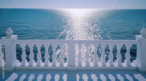 Serene ocean view with sunlit white balustrade for tranquil retreat