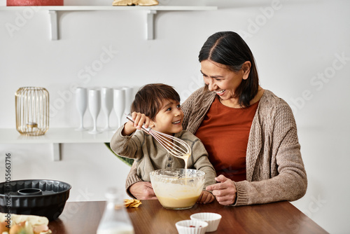 A joyful family spends quality time baking in a stylish kitchen, enjoying the warmth of the holiday season.