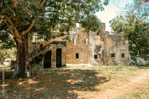 View of the architecture on the ruins of abandoned historical building in Old Stone Town Conservation Area in Bagamoyo, Tanzania 