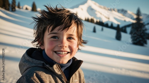 A happy boy with mussed dark hair wearing a ski jacket smiles brightly against a backdrop of snowy mountains with pine trees and warm sunlight. 