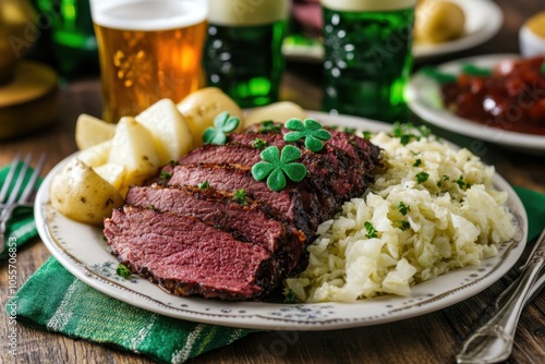 Saint Patrick's Day feast with traditional corned beef cabbage