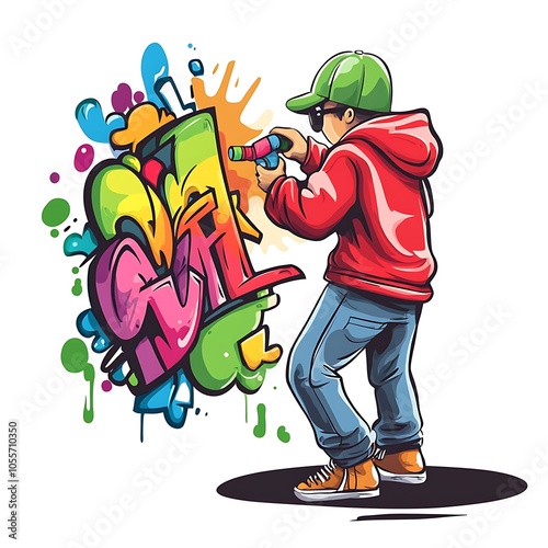 Cartoon graffiti tagger spraying a wall with colorful paint on a white background.