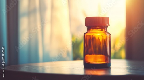 Bottle of medicine sits on a table in front of a window