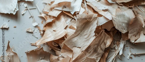 Rustic wood shavings scatter over a surface, contrasting raw craftsmanship with organic beauty.