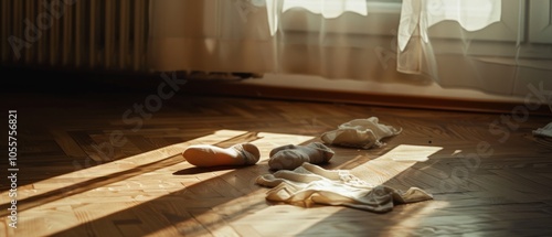 Stray garments lie gracefully on a sun-drenched wooden floor, inviting contemplation of an absent presence. Shadows dance across this intimate interior scene.