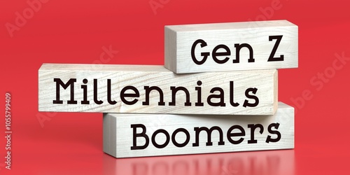 Boomers, Millennials, Gen Z - words on wooden blocks - 3D illustration