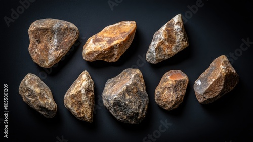 Bifacial pebbles from the Paleolithic era Carved quartzite stones in amygdaloid shape displayed on a black background These ancient tools served as weapons in human animal conflicts