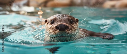 A playful otter pops out of turquoise water, its whiskered face and curious eyes glistening in the sunlight, embodying joy and spontaneity.