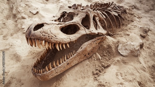 Fossilized skull and teeth of a massive dinosaur skeleton partially embedded in sandy terrain surrounded by small stones with the head tilted upward to reveal sharp fangs and a strong jaw