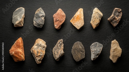 Bifacial pebbles from the Paleolithic era Carved quartzite stones in amygdaloid shape displayed on a black background These ancient tools served as weapons in human animal conflicts