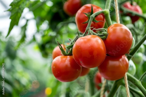 Lush red tomatoes hang from vines in a sunlit greenhouse, embodying freshness and the promise of a rich harvest.